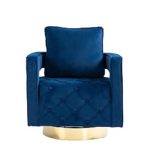 Modern Navy Blue Velvet Swivel Upholstered Barrel Chair with Golden Base