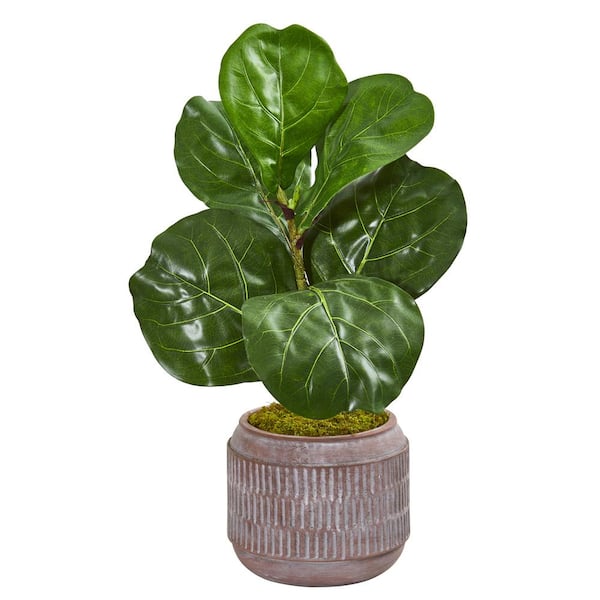 Nearly Natural 23 in. Fiddle Leaf Artificial Plant in Stoneware Planter