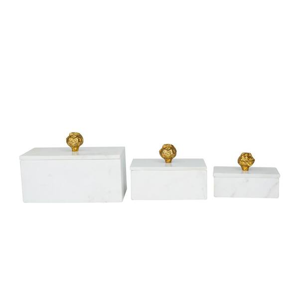 Litton Lane Rectangle Marble Box with Gold Linear Lines (Set of 3), Black