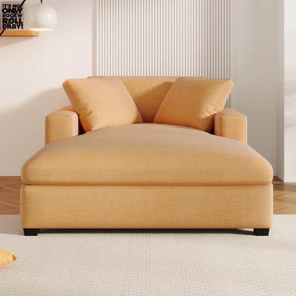 Modern Yellow Polyester Fabric Upholstery Square Arm Chaise Lounge with Birch Wood Legs