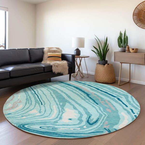Mayfield Premium Machine Washable Abstract AMF1051 Turquoise 8 ft. x 8 ft. Round Rug
