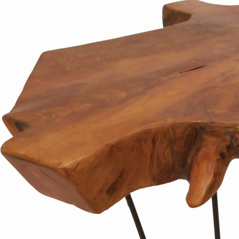Teak Live Edge Round Coffee Table with Black Metal Hairpin Legs