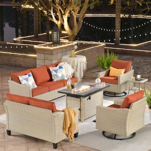 Oconee Beige 6-Piece Wicker Outdoor Patio Conversation Sofa Loveseat Set with a Fire Pit and Orange Red Cushions