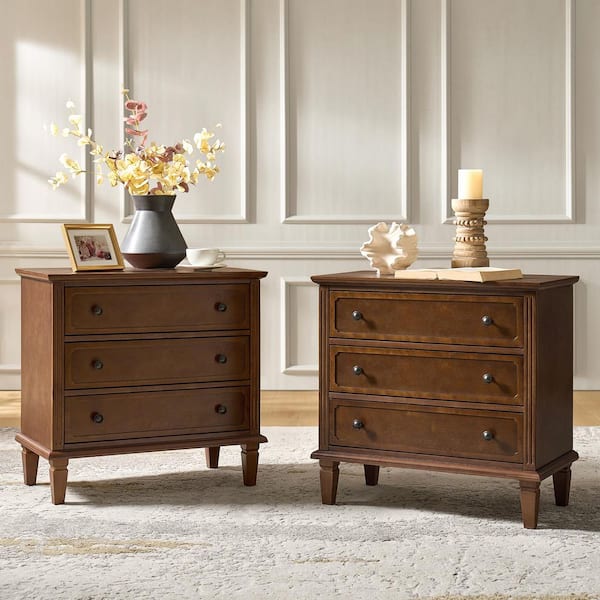 Leandro Walnut 3 Drawer 28.3 in. W Nightstand with Built-in Outlet and Solid Wood Legs (Set of 2)