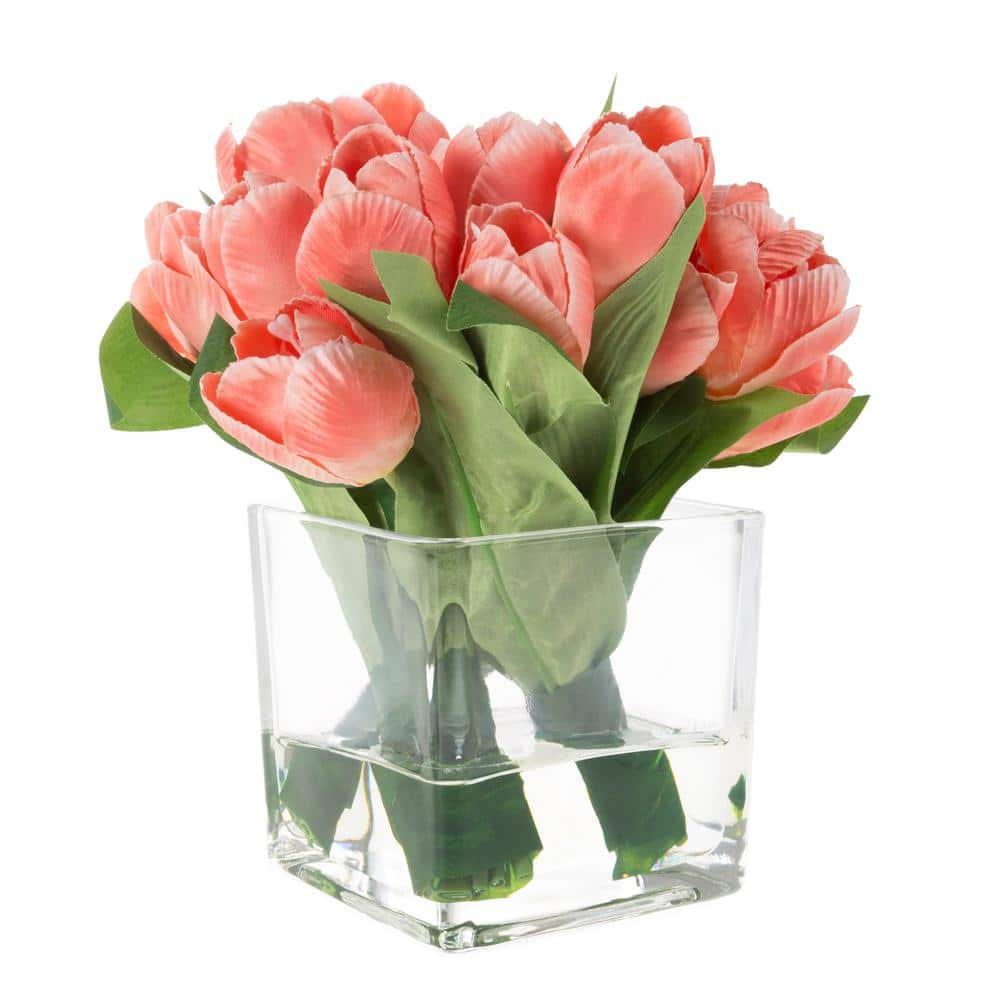 Pure Garden Tulip Floral Arrangement With Vase And Faux Water Hw1500125 The Home Depot