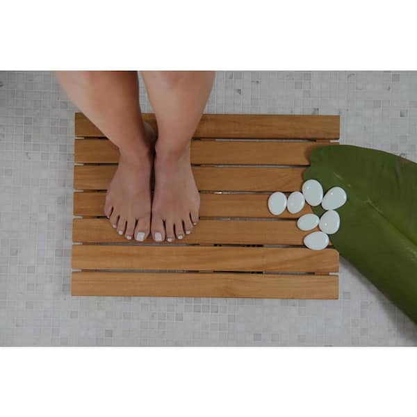 Minqing Wooden Teak Bath Mat for Bathroom Luxury Shower, Non-Slip Sturdy Water Proof Floor Mat for Spa Home & Outdoor, Brown, 24.5x18.5, Oil Finished