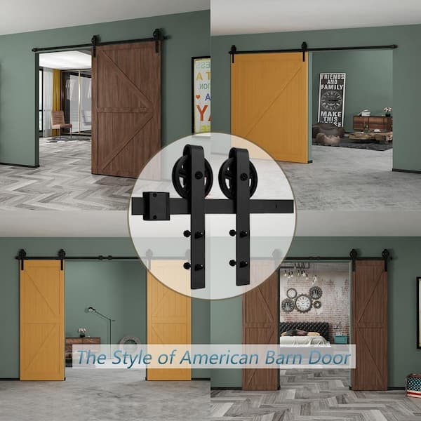 8 ft./96 in. Black Sliding Barn Door Track and Hardware Kit (Bigwheel J Shape Hanger) for Single Door with Floor Guide