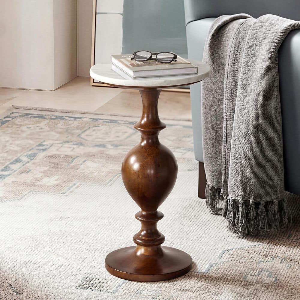 Willa 14.25 in. Walnut Round Marble End Table with Solid Rubber Wood Base