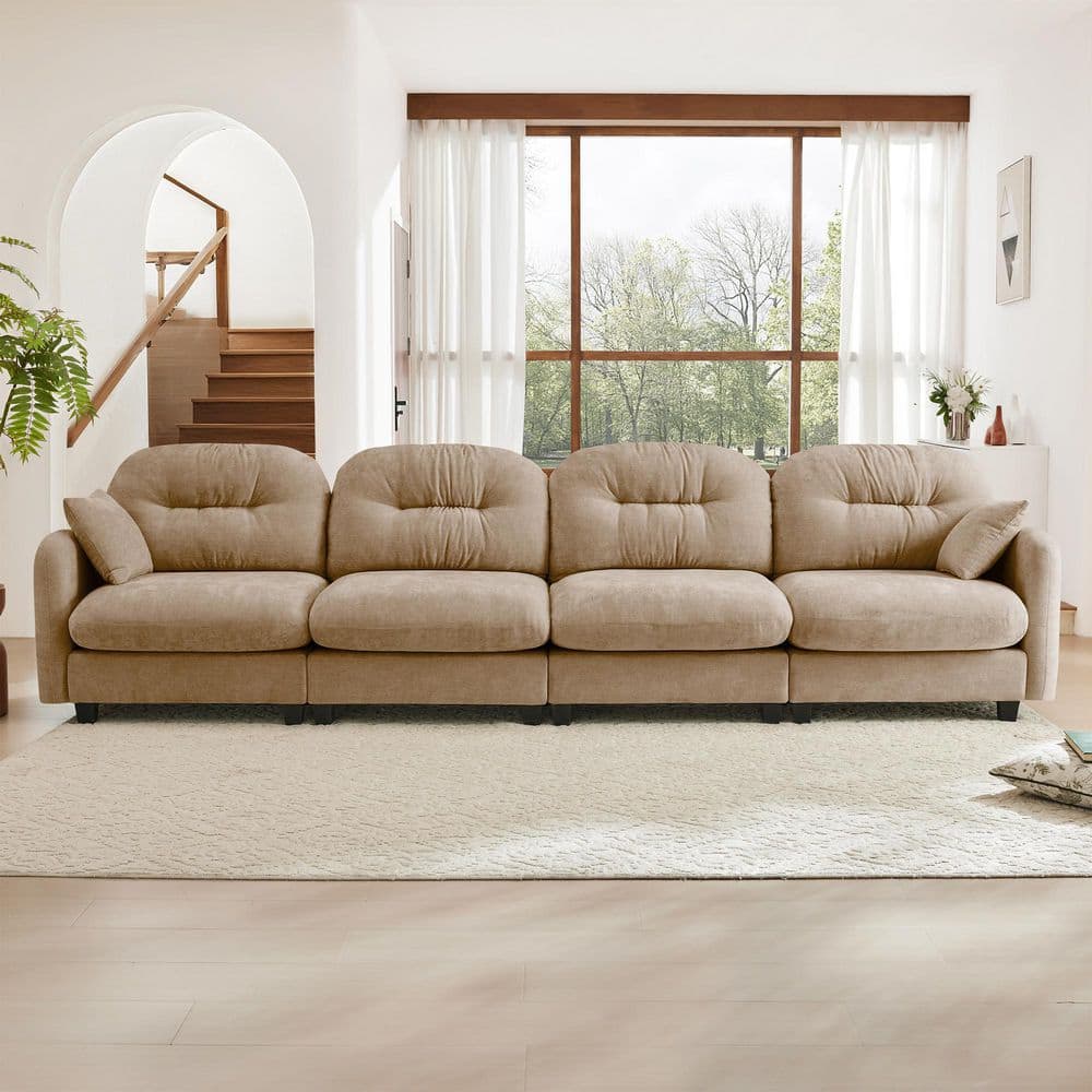 Kay 140 in. Chenille Upholstered Cloud Rectangle Sectional Sofa in. Brown with 2-Pillows, Camel
