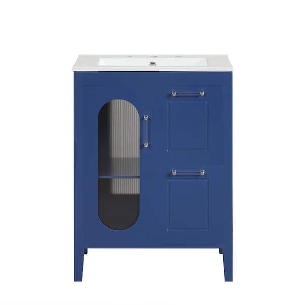24 in W x 18.3 in. D x 33.2 in H Single Sink Freestanding Blue Bath Vanity with White Ceramic Top and Adjustable Shelf