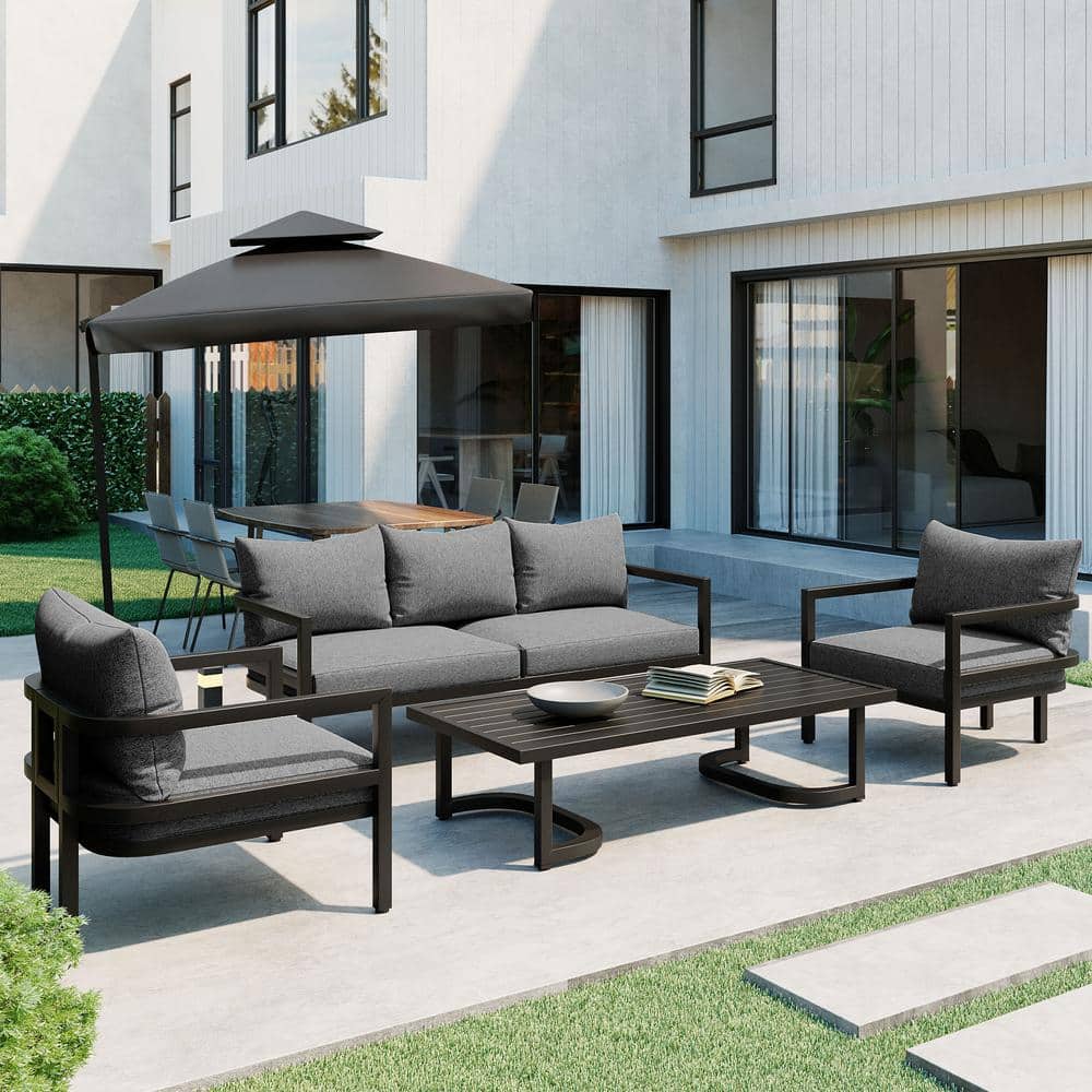 4-Piece Black Steel Metal Patio Conversation Set with Gray Cushions and Pil