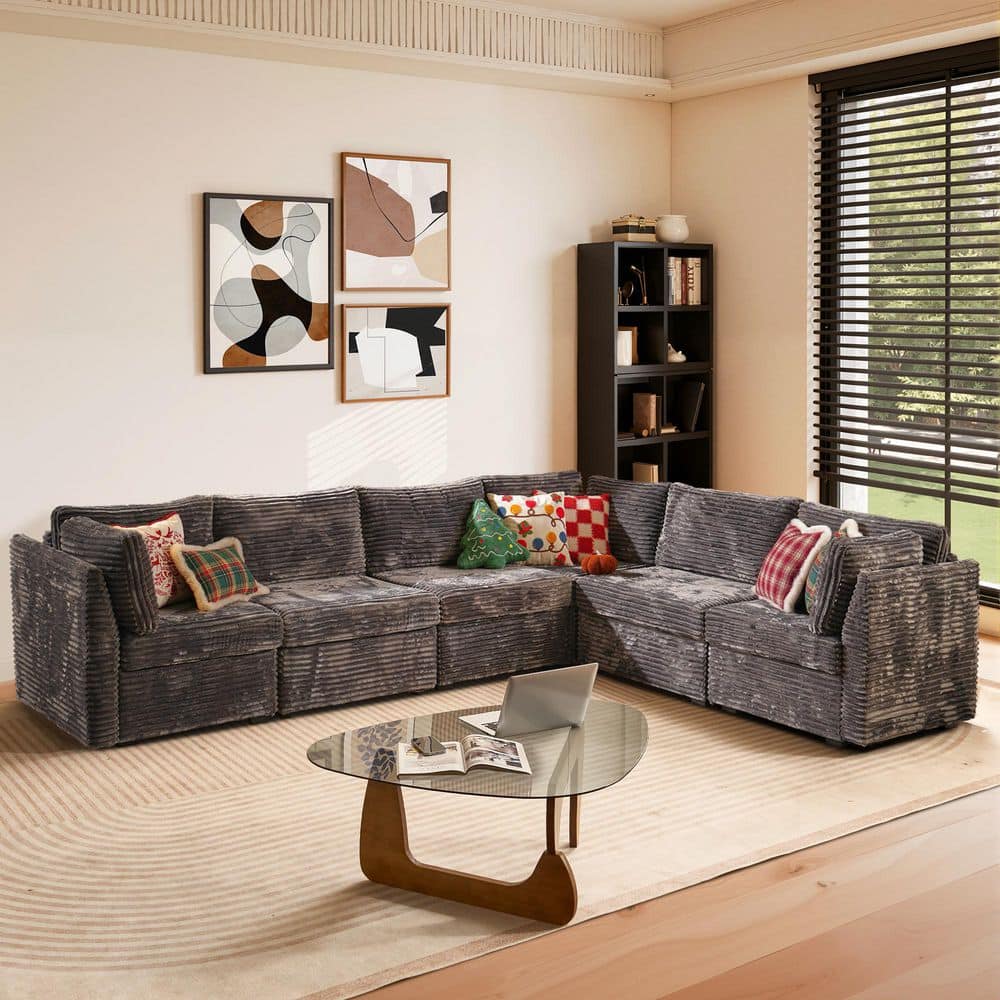 Cuke 127 in. Wide 6-Piece Modern Deep Seat Plush Corduroy L-Shape Modular Sectional Sofa Couch in Gray