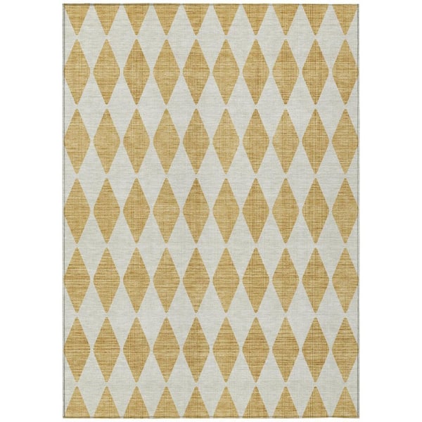 Gold 9 ft. x 12 ft. Woven Geometric Polyester Rectangle Indoor / Outdoor Area Rug
