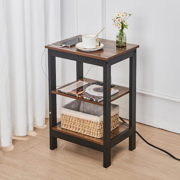 15.7 in. Side Table with USB Charging Ports, 3-Tier Rectangle End Table Brown MDF Nightstand for Small Spaces