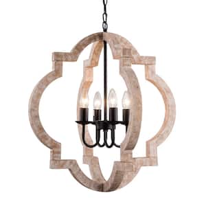 4-Light Farmhouse Wood Chandelier, Rustic Ceiling Light, Modern Light Fixture for Dining&Living Room Hallway Entryway
