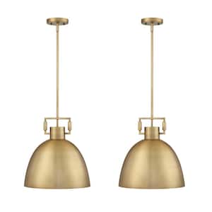 2-Lignt Antiqued Brass Shaded Pendant Light with and Hanging Ceiling Metal Shade Adjustable Cord for Kitchen (2-Set)