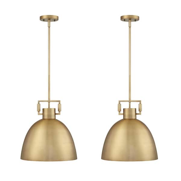 Nathan James 2-Lignt Antiqued Brass Shaded Pendant Light with and Hanging Ceiling Metal Shade Adjustable Cord for Kitchen (2-Set)