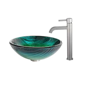 Natura 17 in. Round Vessel Bathroom Sink in Green Glass with Ramus Faucet in Satin Nickel