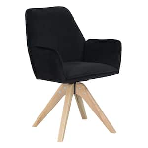 Miranda Velvet Black & Natural Wood Swivel Arm Chair