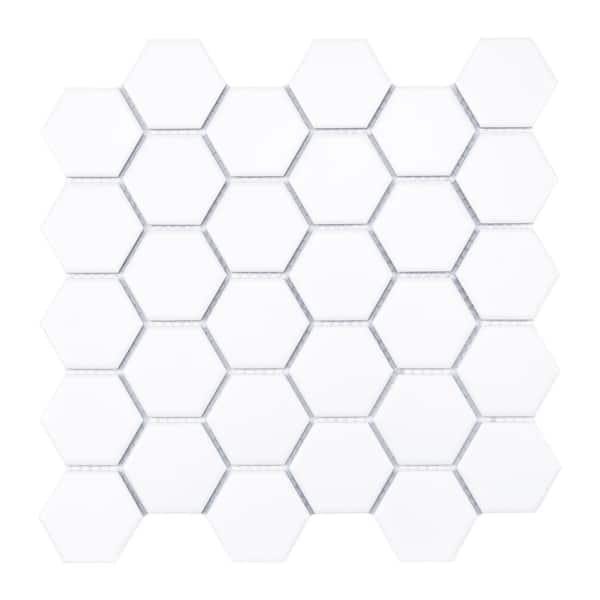 White 2 in. Hexagon 11 in. x 11 in. Matte Porcelain Mesh-Mounted Mosaic Floor and Wall Tile (12.96 sq. ft. / case)