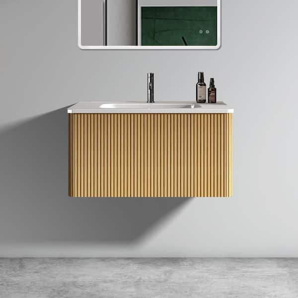 30" Striped Natural Oak Floating Bathroom Vanity with White Ceramic Sink, Pre-assembled