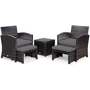 5-Piece Rattan Patio Furniture Set Chair and Ottoman Set with Grey Cushions