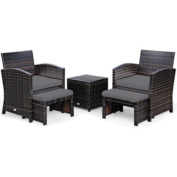 Gymax 5-Piece Rattan Patio Furniture Set Chair and Ottoman Set with Grey Cushions