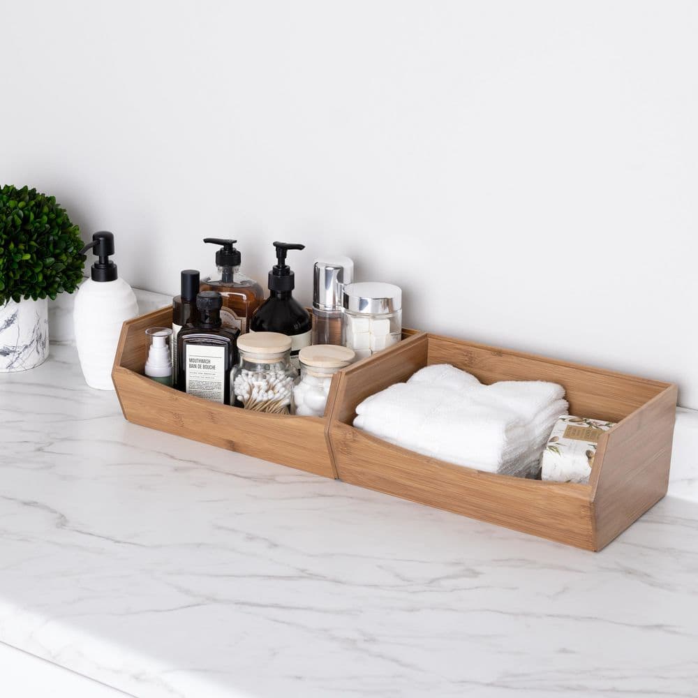 Eco-Friendly Bamboo Stackable Bin Organizer Set, 12" x 8" x 5"