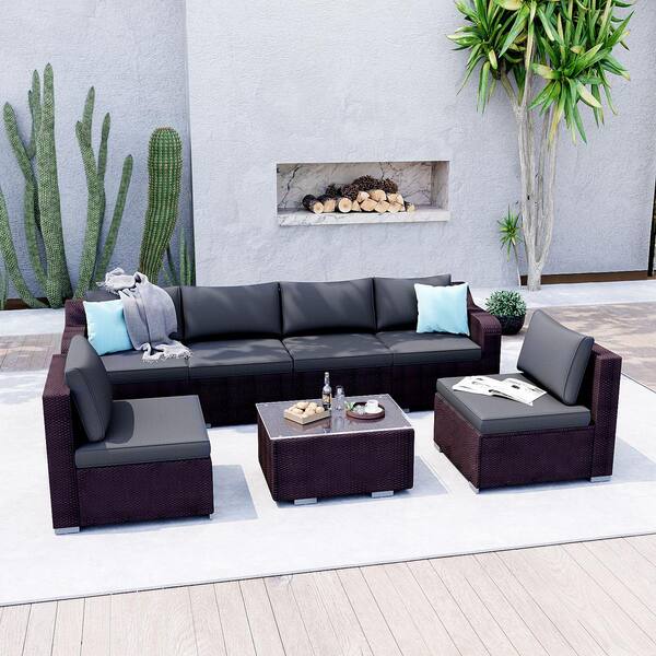 Unbranded Brown 7-Piece Wicker Outdoor Sectional Set, Patio Sofa Set with Dark Grey Thick Cushions, Coffee Table and Pillows
