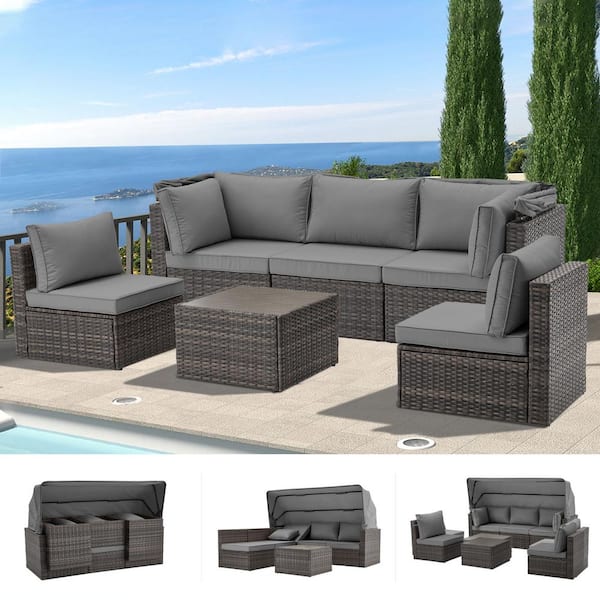 Unbranded 6-Pieces Wicker Patio Conversation Set with Gray Cushion Patio Furniture for Backyard