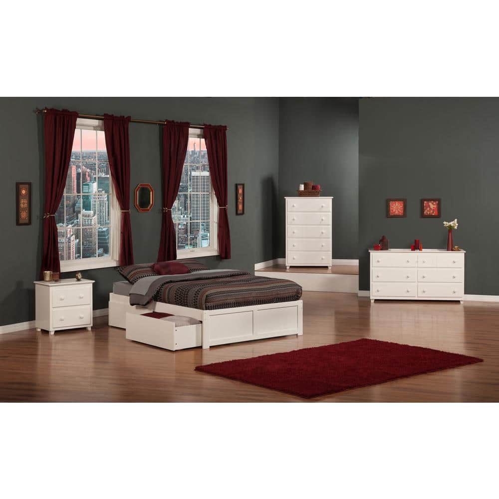 White Full Wood Platform Bed with Storage Drawers