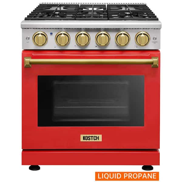 30 in. 5 Burners Freestanding Propane Gas Range with 4.55 cu. ft. Convection Oven in Red with Bronze Handle