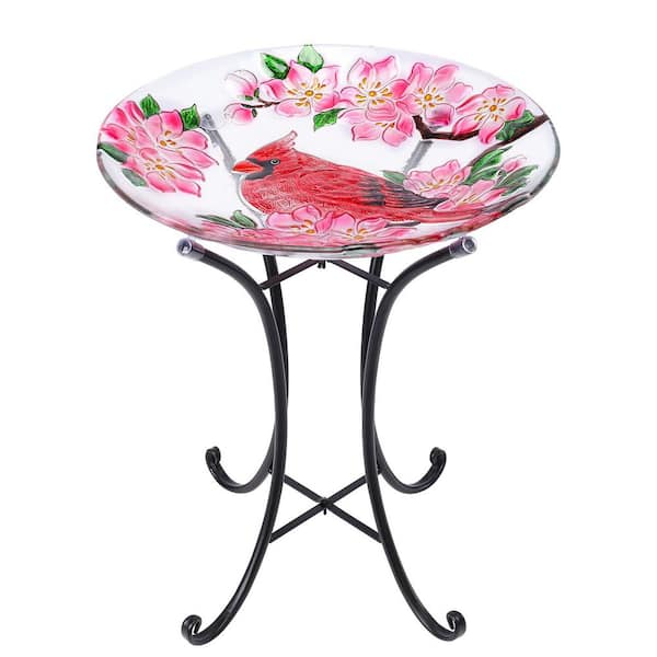 18 in. Dia Outdoor Glass Birdbath with Sturdy Metal Stand for Lawn, Yard, Garden-Red