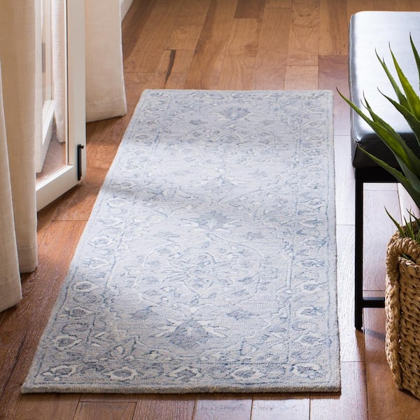 Micro-Loop Light Blue/Ivory 2 ft. x 11 ft. Floral Border Runner Rug