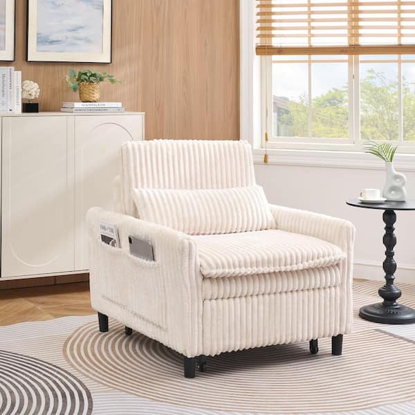 Beige Corduroy Arm Chair Sleeper Sofa Single Couch Sofa Bed With Pillow Single Couch Fold Out Bed with Side Storage Bag