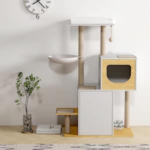 Wood Cat Tree Tower Cat Furniture with Scratching Pads and Large Storage Space Industrial Cat Cabinet with Shelves Doors