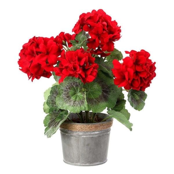 Regency International 12.5 in. Red Artificial Geranium in Tin Pot