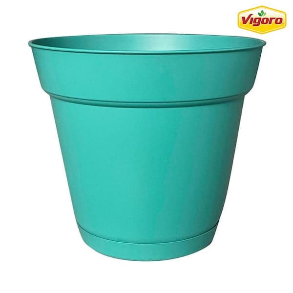 Vigoro 8 in. Bea Small Sea Glass Green Resin Planter (8 in. D x 7.1 in. H) With Drainage Hole and Attached Saucer