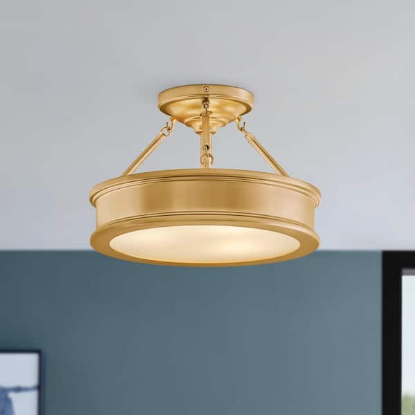 Grafton 15 in. 3-Light Modern Transitional Liberty Gold Semi-Flush Mount Ceiling Light with Frosted Glass