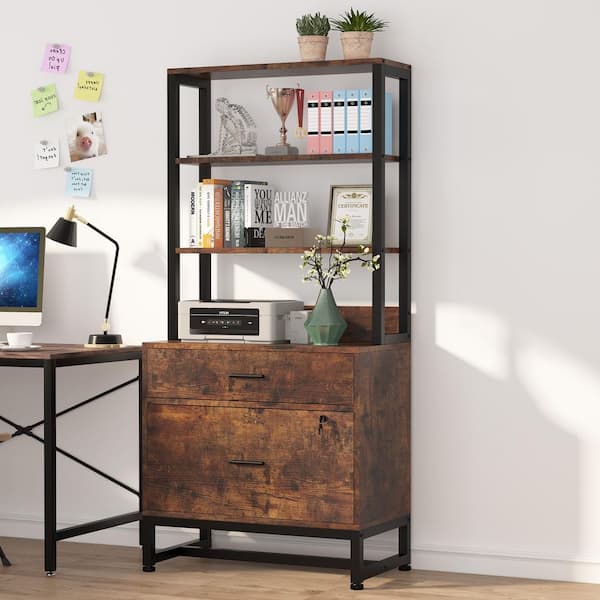 Cindy 2 Drawers Rustic Brown Wood 29.5 in. W Vertical File Cabinet Printer Stand with 4 Shelves Home Office