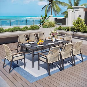 9-Piece Black Metal Patio Outdoor Dining Set with Rectangle Table and Woven Rope Chair with Beige Cushions