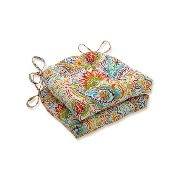 Pillow Perfect Paisley 17.5 in. x 17 in. 2-Piece Outdoor Dining Chair Cushion in Blue/Green Gilford