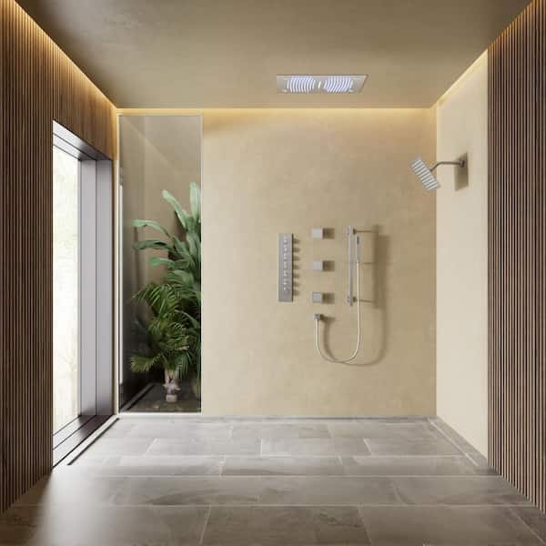 Large 63-Spray 28L in. and 8 in. Dual ShowerHead Ceiling Mount Fixed and Handheld Shower Head in Brush Nickel 2.5GPM