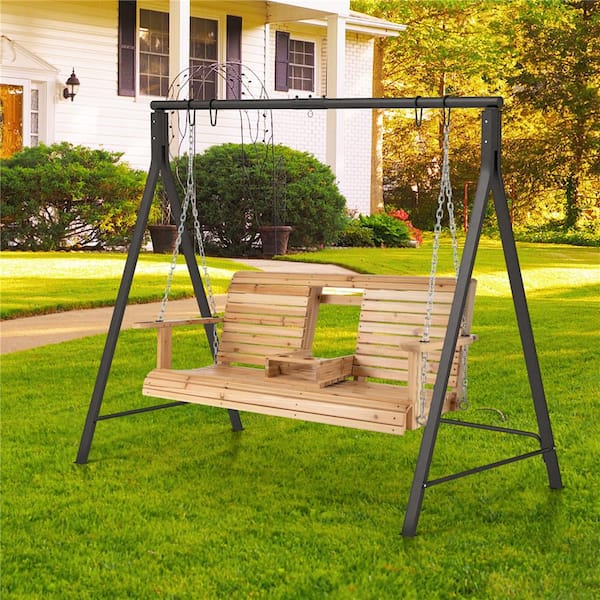 Costway 83 in. 2 Person Wood Patio Swing Set with Stand Cupholder Adjustable Chains A Shaped Metal Frame HCST01623 The Home Depot