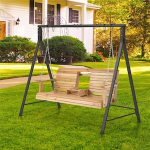 83 in. 2-Person Wood Patio Swing Set with Stand Cupholder & Adjustable Chains A-Shaped Metal Frame