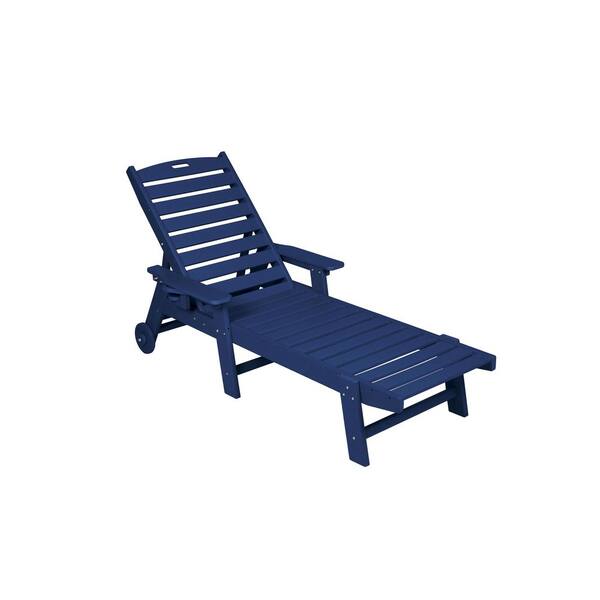Blue Wood Outdoor Lounge Chair, Oversized Chaise Lounge Chair with 5 Positions, Wheels & Cup Holder