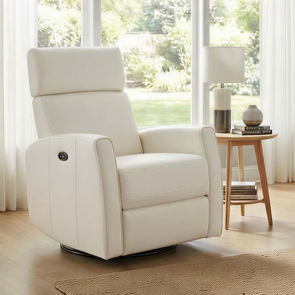 Nori Wood Frame Genuine Leather Power Swivel Glider Recliner Cream KMA008