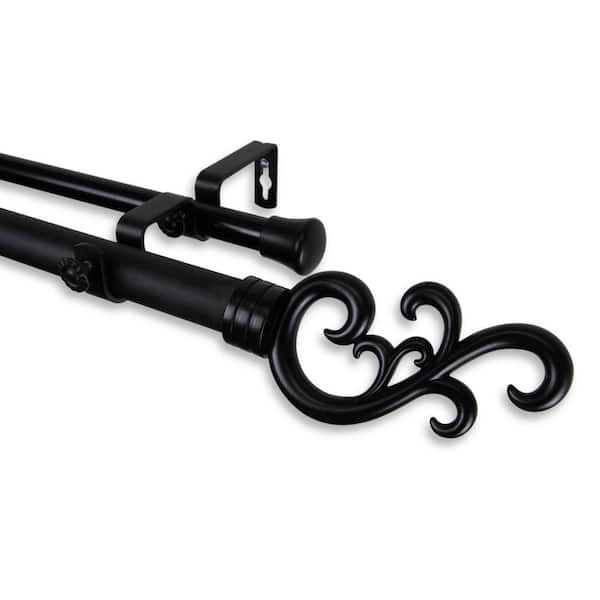 Rod Desyne 66 in. - 120 in. Telescoping 1 in. Double Curtain Rod Kit in Black with Madeline Finial
