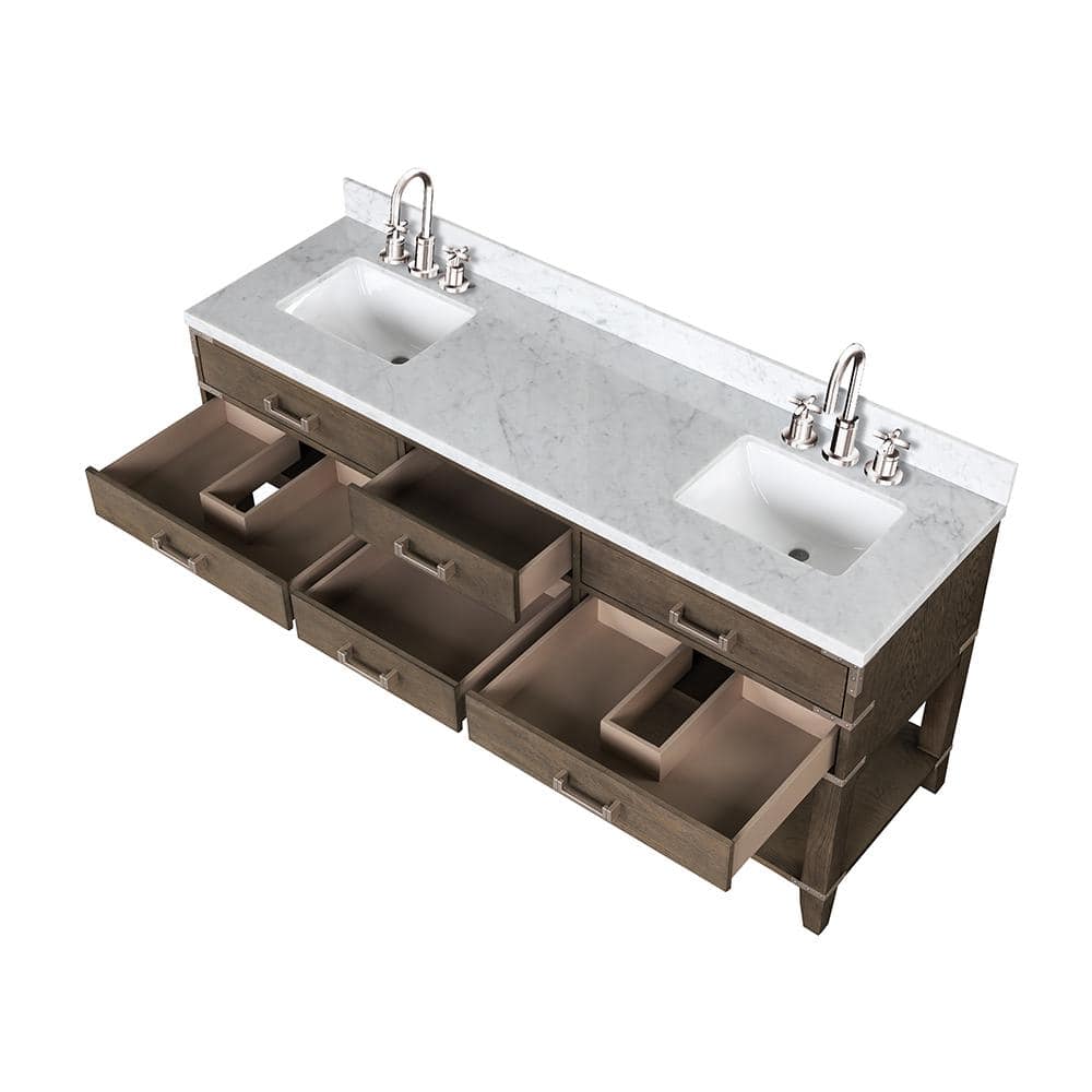 Irvington 72 in W x 22 in D Grey Oak Double Bath Vanity, Carrara Marble Top, and Faucet Set -  Lexora, LVI72DR101