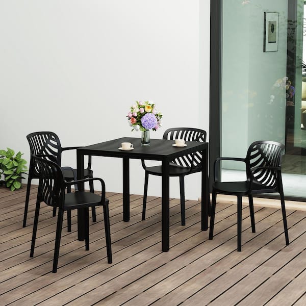 Frond and Form Outdoor Patio Modern 5-Piece Dining Set w/ Square Metal Frame Table and Stackable Plastic Chairs, Black